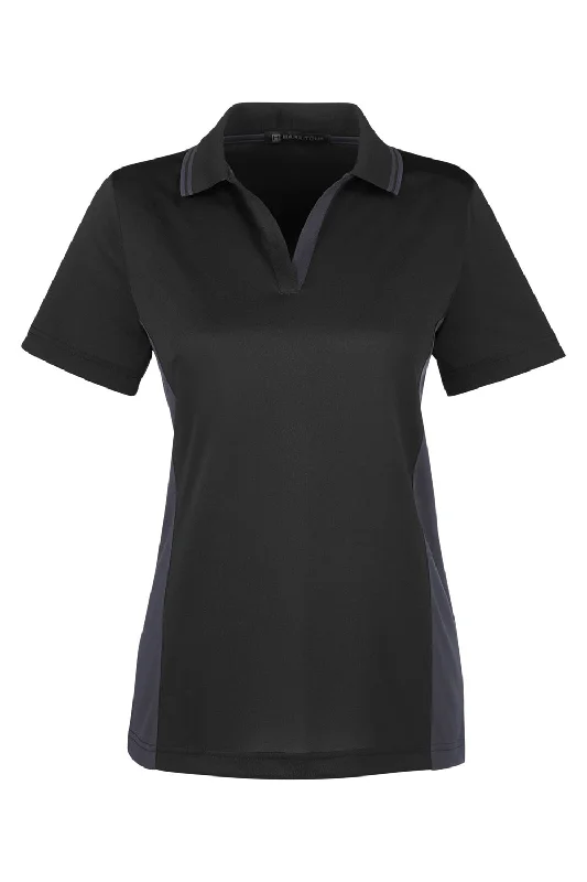 Harriton Womens Flash Performance Moisture Wicking Colorblock Short Sleeve Polo Shirt - Black/Dark Charcoal Grey