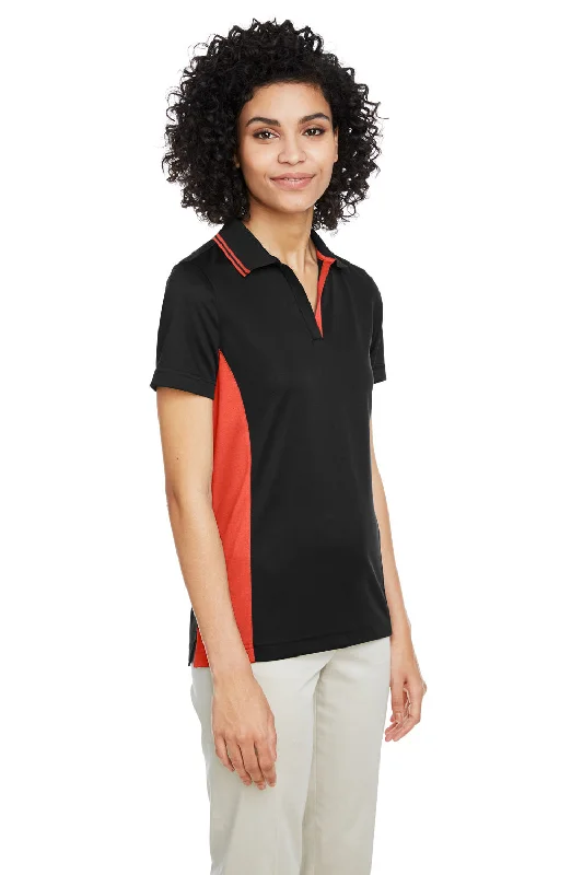 Harriton Womens Flash Performance Moisture Wicking Colorblock Short Sleeve Polo Shirt - Black/Team Orange