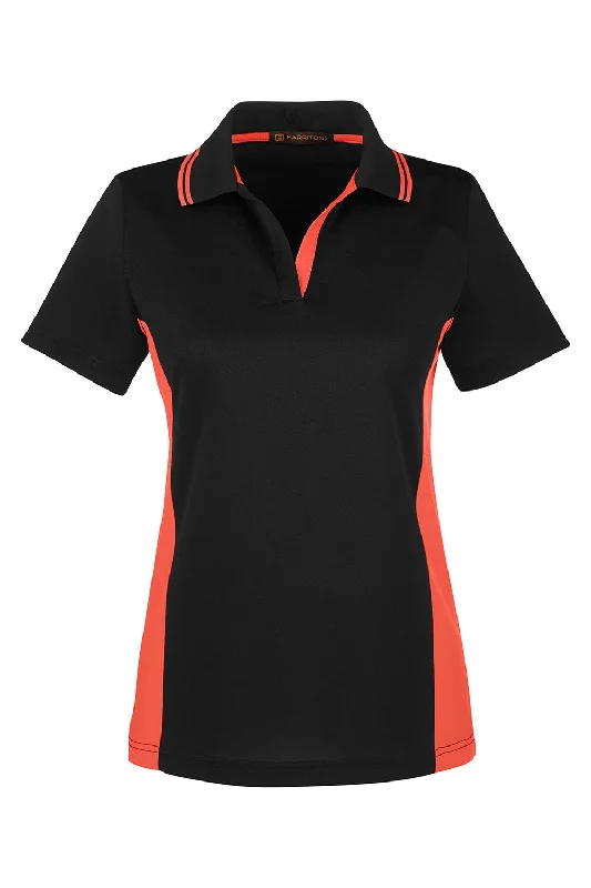 Harriton Womens Flash Performance Moisture Wicking Colorblock Short Sleeve Polo Shirt - Black/Team Orange