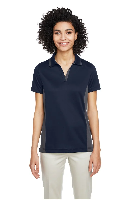 Harriton Womens Flash Performance Moisture Wicking Colorblock Short Sleeve Polo Shirt - Dark Navy Blue/Dark Charcoal Grey