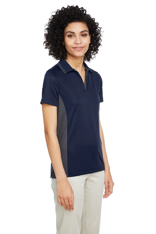 Harriton Womens Flash Performance Moisture Wicking Colorblock Short Sleeve Polo Shirt - Dark Navy Blue/Dark Charcoal Grey