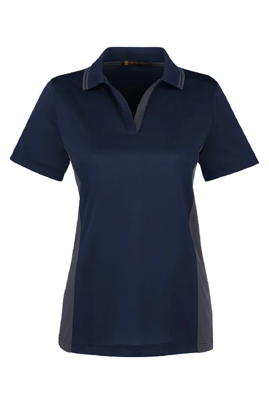 Harriton Womens Flash Performance Moisture Wicking Colorblock Short Sleeve Polo Shirt - Dark Navy Blue/Dark Charcoal Grey