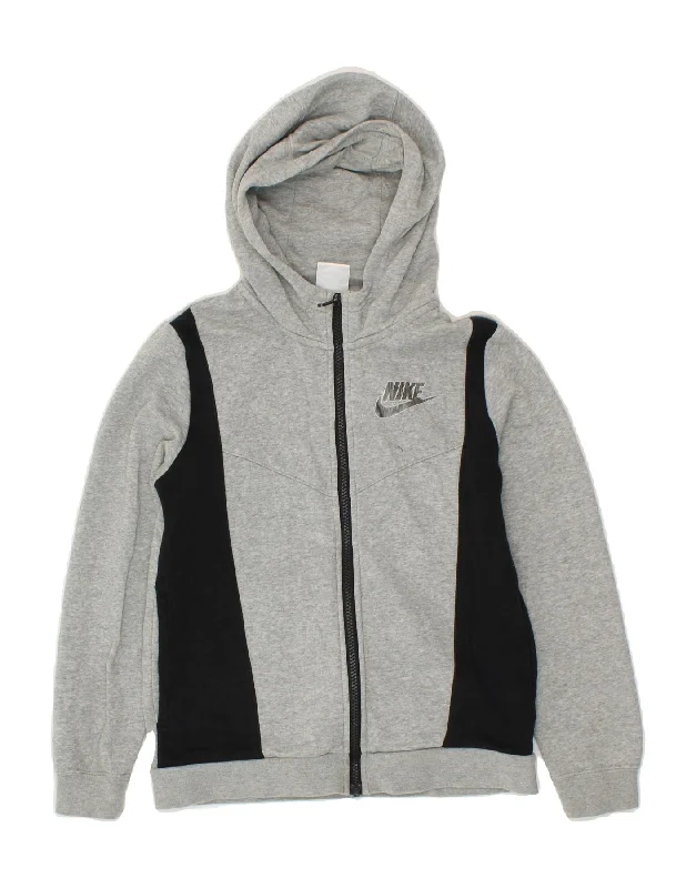 NIKE Boys Zip Hoodie Sweater 10-11 Years Medium Grey Colourblock Cotton