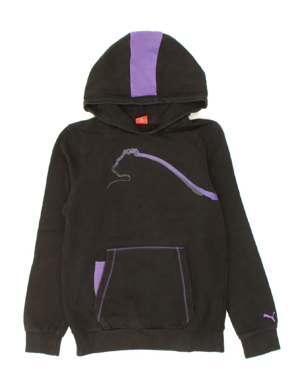 PUMA Girls Graphic Hoodie Jumper 13-14 Years  XL  Black Colourblock Cotton