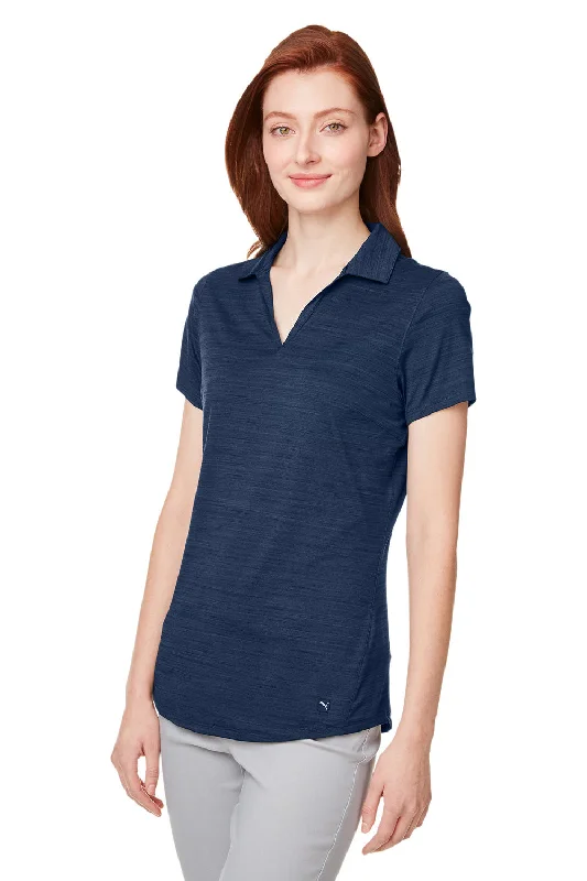 Puma Womens Cloudspun Free Moisture Wicking Short Sleeve Polo Shirt - Heather Navy Blue