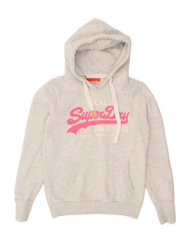 SUPERDRY Womens Graphic Hoodie Jumper UK 14 Medium Grey Cotton