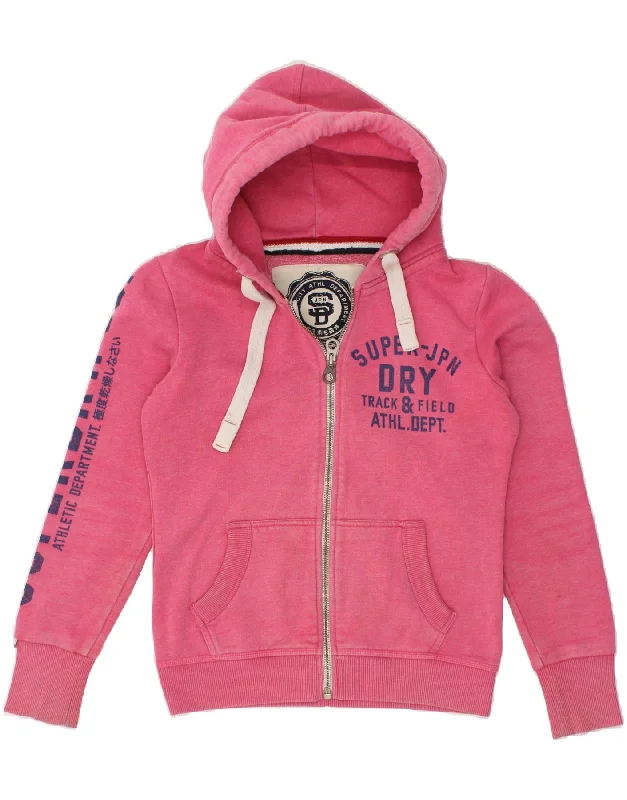 SUPERDRY Womens Graphic Zip Hoodie Sweater UK 10 Small Pink Cotton