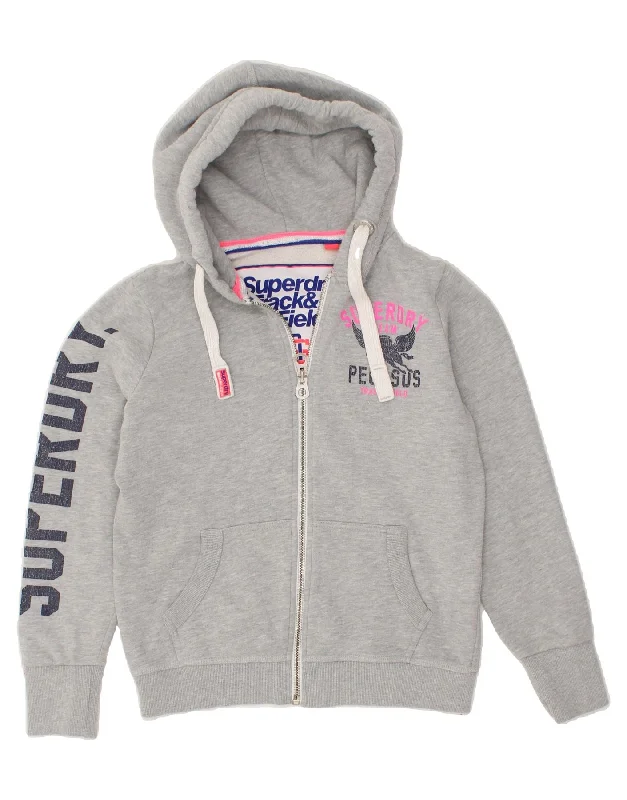 SUPERDRY Womens Graphic Zip Hoodie Sweater UK 16 Large Grey Cotton